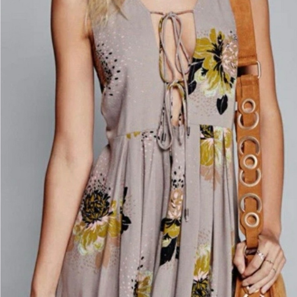 Free People Taupe Floral Mini Dress with Yellow & Black Accents